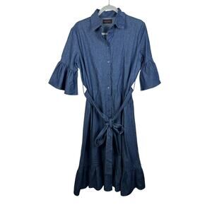 Kirna Zabete Cecelia Denim Shirt Dress Women M Blue Excellent Ruffle Belted Tier